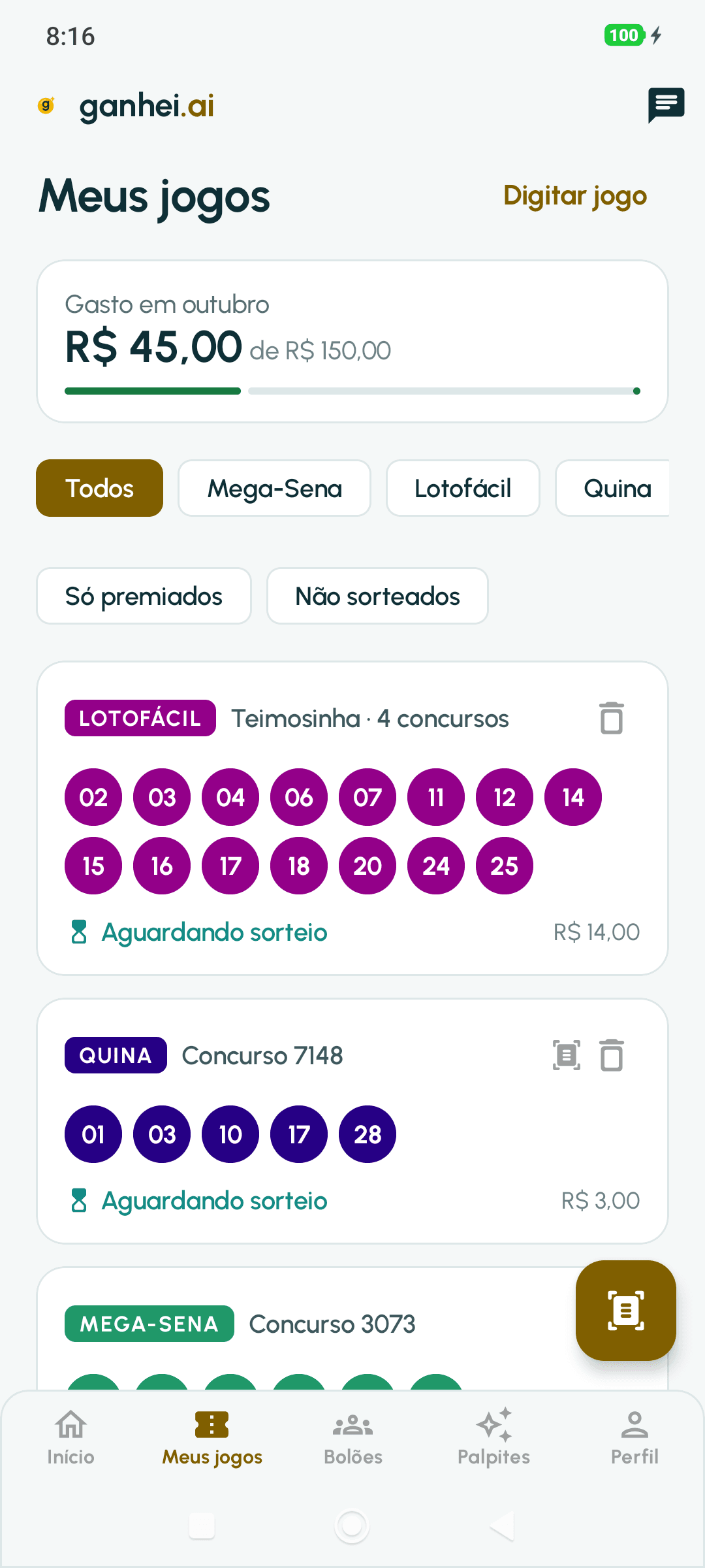 Tela Meus jogos: gasto em outubro de R$ 45,00 de R$ 150,00, filtros e jogos aguardando sorteio.