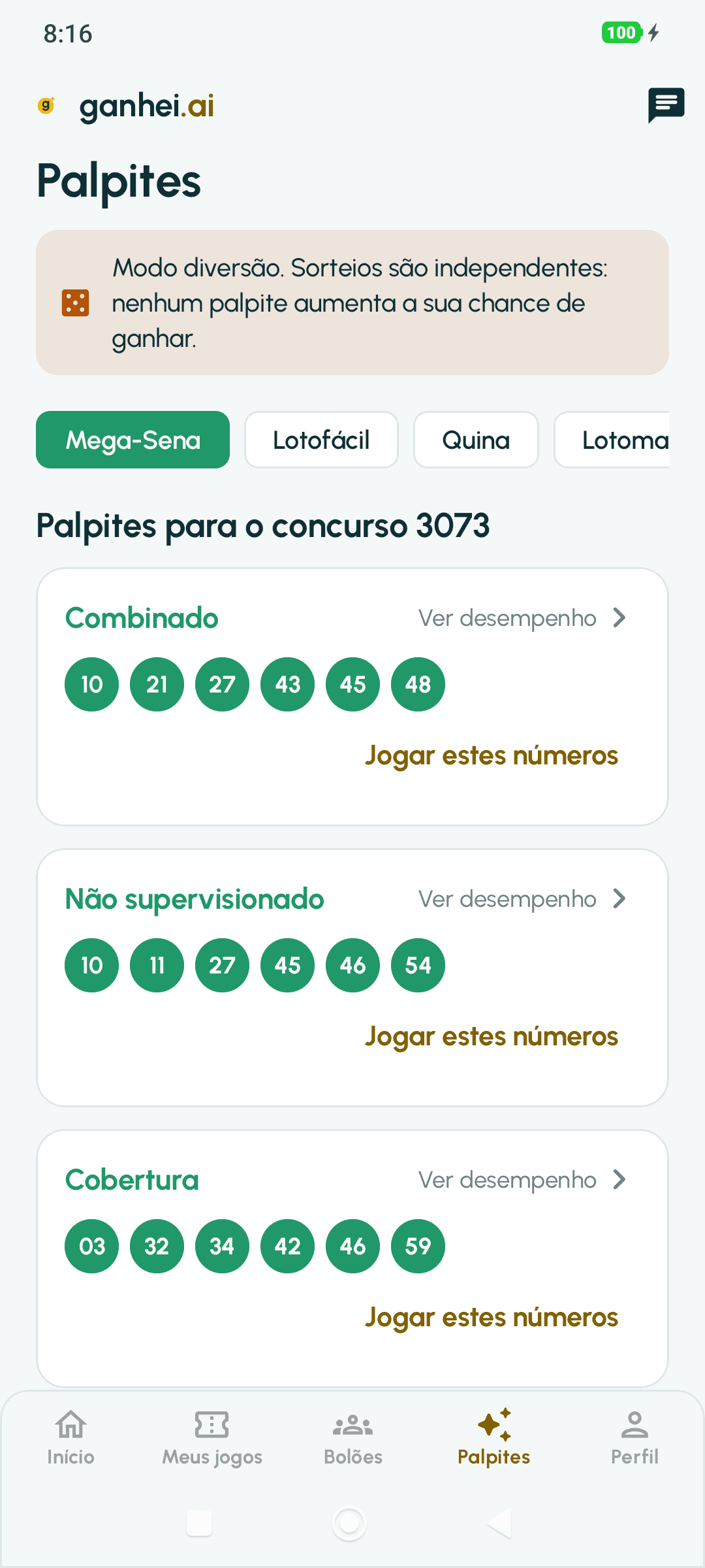Aba Palpites (modo diversão): aviso de que nenhum palpite aumenta a chance e palpites por categoria para a Mega-Sena 3073.