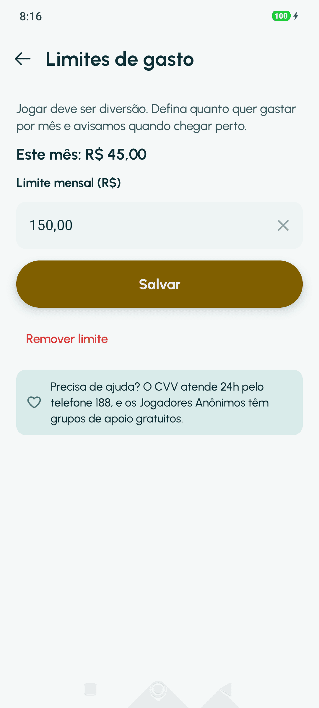 Tela Limites de gasto: gasto do mês, limite mensal e o contato do CVV 188.